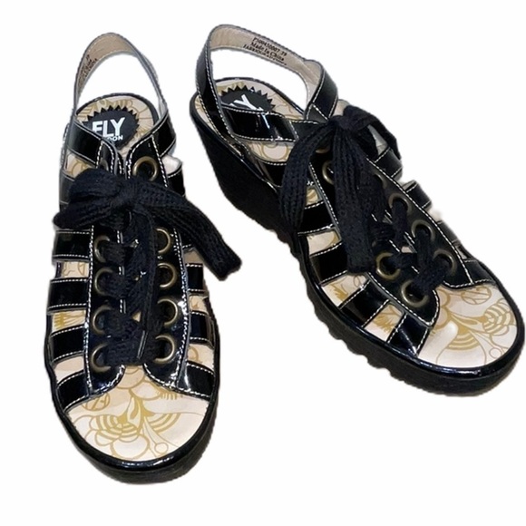 FLY London Black Yito Patent Caged Lace Up Wedges - Picture 2 of 14